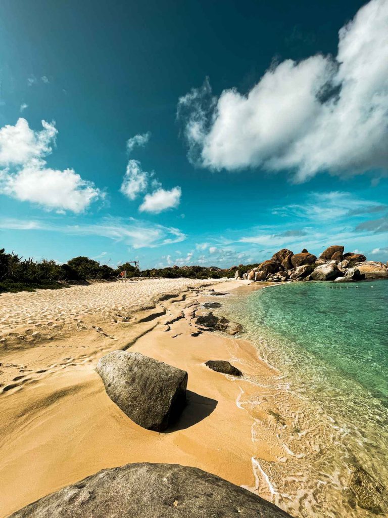 Boulders at the beach on a sunny day in British Virgin Islands. The baths at Virgin Gorda
