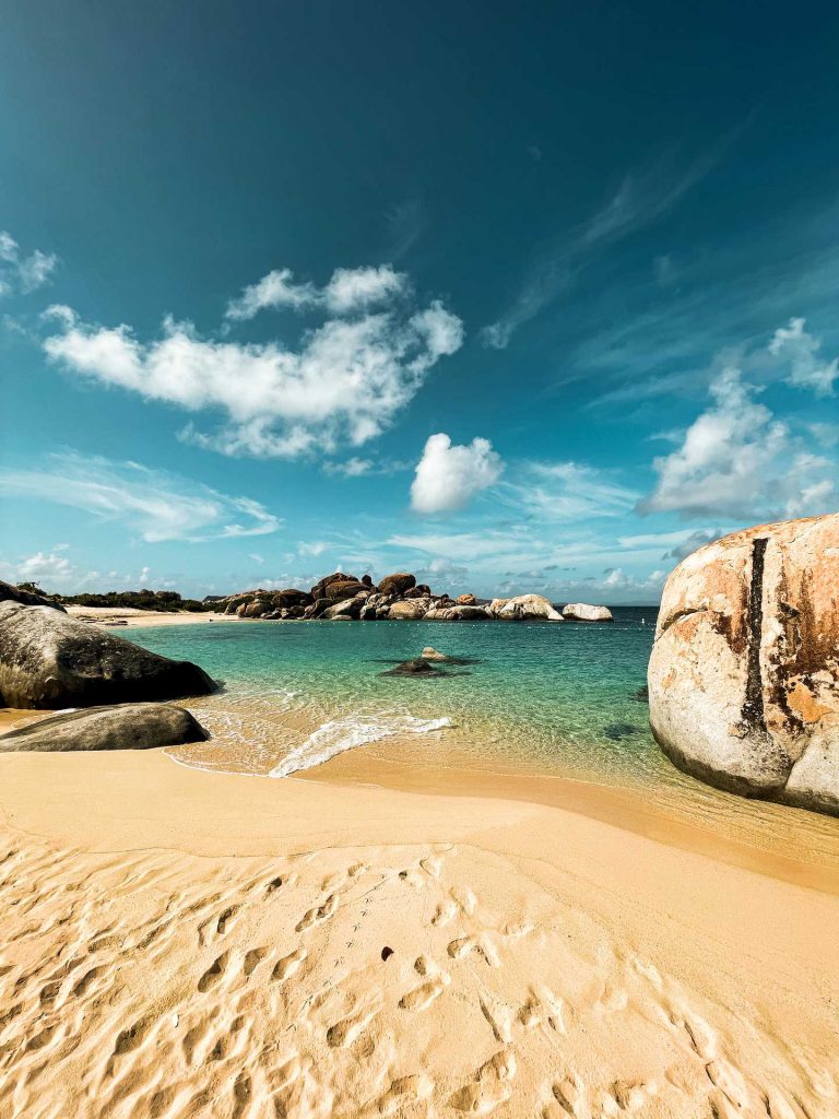 Boulders at the beach on a sunny day in British Virgin Islands. The baths at Virgin Gorda