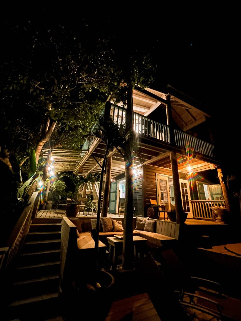 Porch at accommodation at night in British Virgin Islands. Rendezvous beach and cliffside accom in BVI
