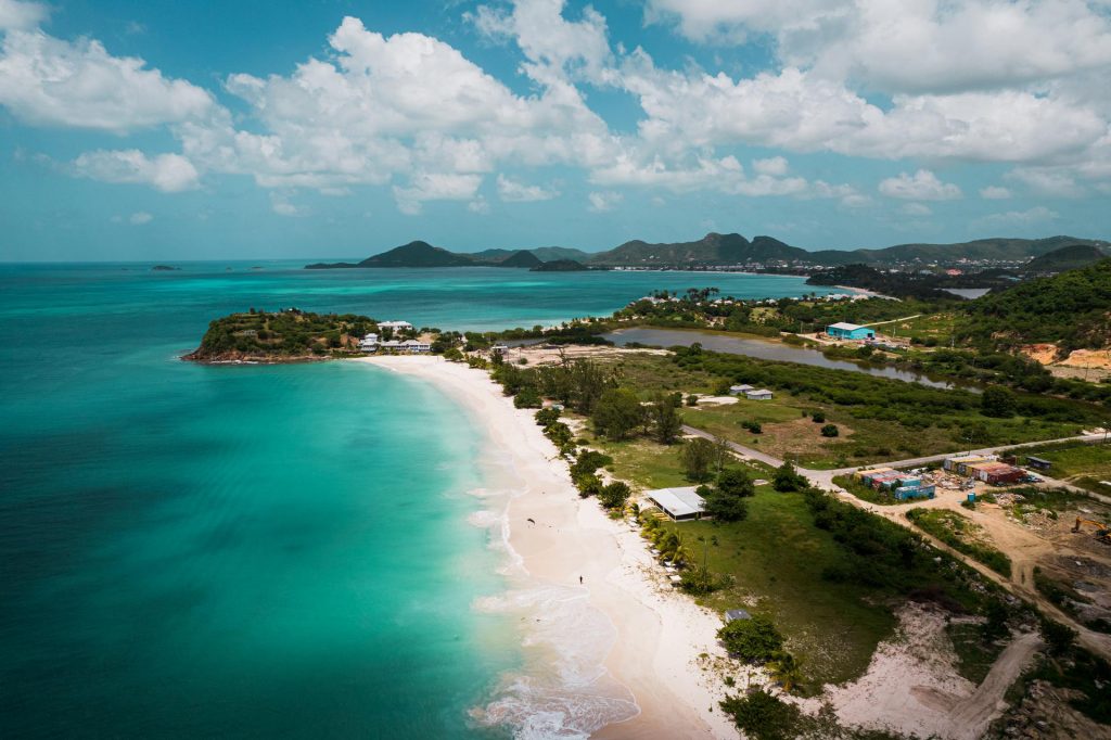 Aerial view of the beach on a sunny day in Antigua. A day of beaches in Antigua