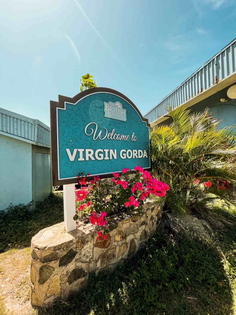 Virgin Gorda sign in British Virgin Islands. The baths at Virgin Gorda