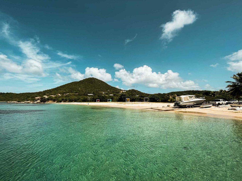 Mountain view by the beach on a sunny day in British Virgin Islands. The baths at Virgin Gorda