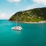 Aerial view of a yatch, the sea and the island in British Virgin Islands. BVI has me
