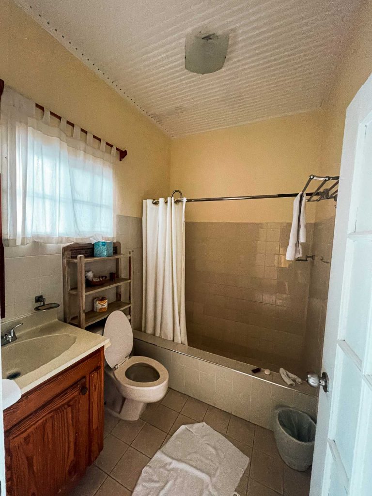 Hotel bathroom accommodations in Saint Vincent and the Grenadines. Quarantine detour!
