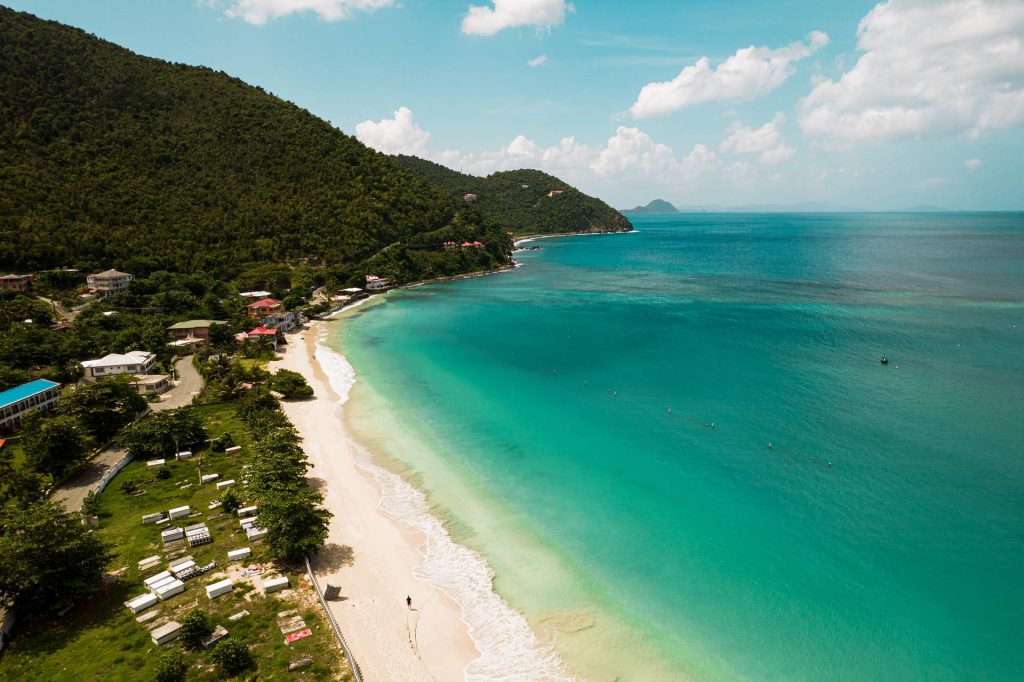 Aerial view of the sea, beach and the island in British Virgin Islands. BVI has me