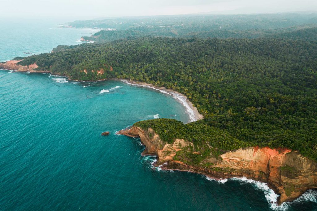Aerial view of the island, trees and the sea in Dominica. The start of a Covid nightmare