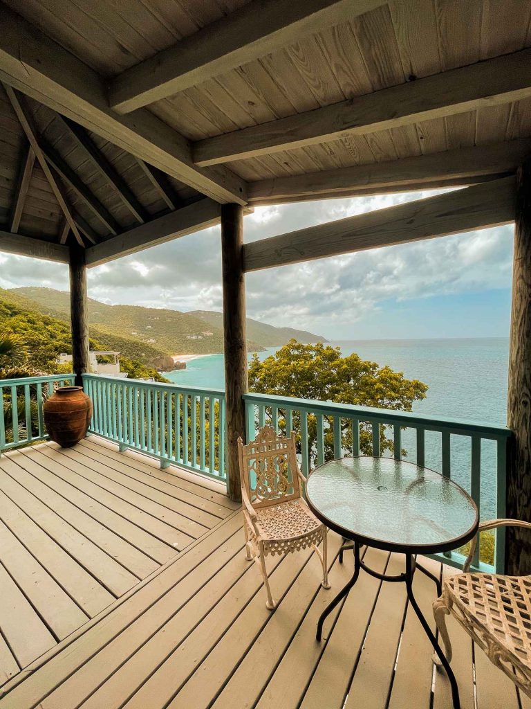 Coffee table and chairs at porch in British Virgin Islands. BVI has me