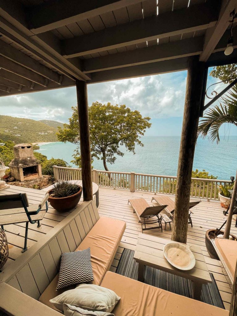 Chaira and sofas at porch in British Virgin Islands. BVI has me