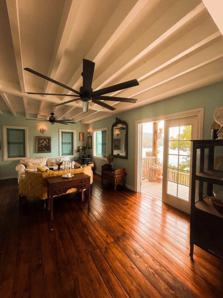 Living room accommodations with ceiling fan in British Virgin Islands. BVI has me