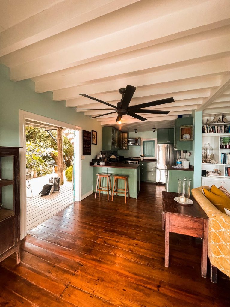 Living room and kitchen accommodations in British Virgin Islands. BVI has me