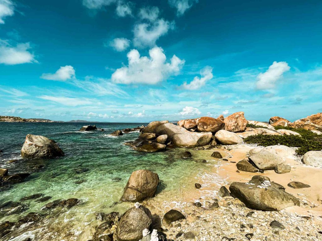 Big boulders at the beach on a sunny day in British Virgin Islands. The baths at Virgin Gorda