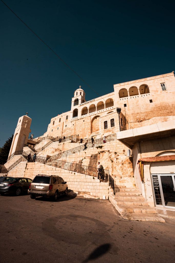Stairs to entrance of Monastery of Seydnaia in Syria. Driving into Syria
