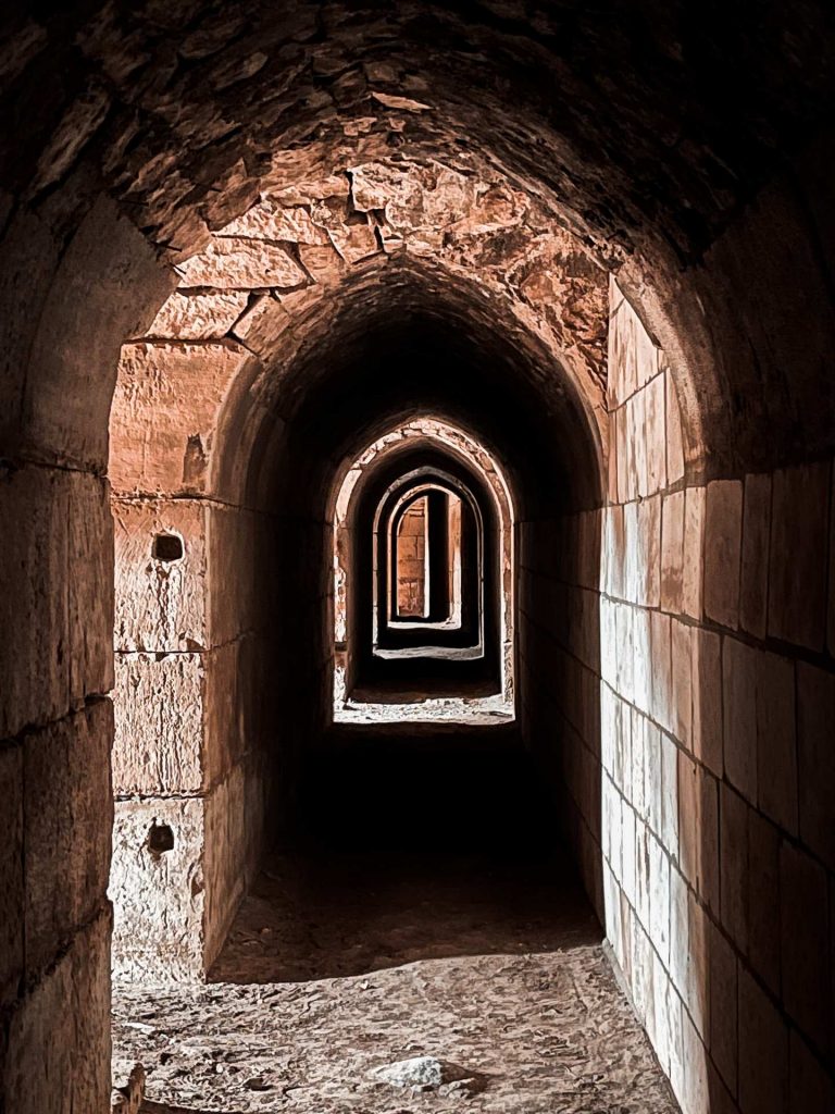 Dark passageway in Krak Des Chevaliers castle. Whats the krak in Syria