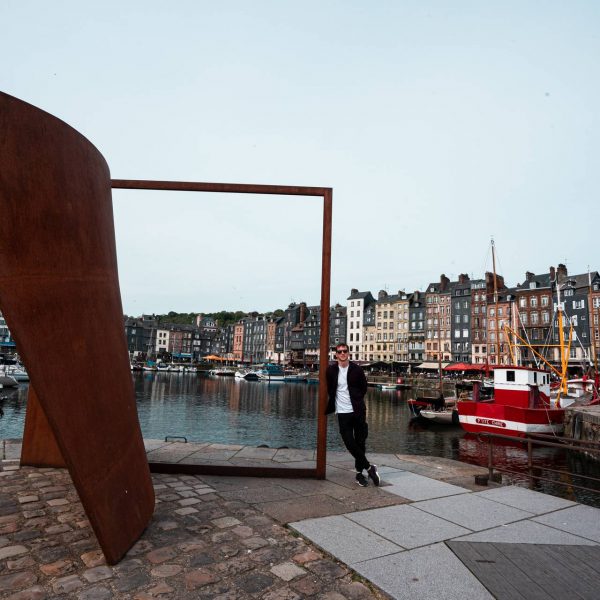 David Simpson at harbor at Honfleur in Normandy, France. The best viewpoint, museum and cafe in France