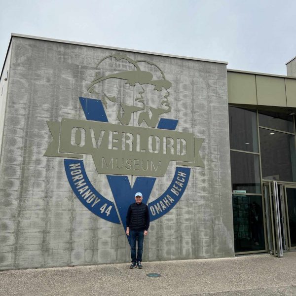 Dad at Overlord Museum in Normandy, France. Is there any such thing as a good beach in Normandy?