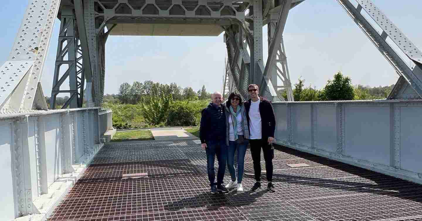 David Simpson with mom and dad in Pegasus Bridge in Normandy, France. The best viewpoint, museum and cafe in France