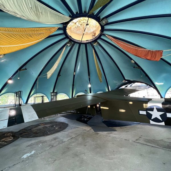 Glider and parachute exhibit in Airborne Museum in Sainte Mere Eglise in Normandy, France. The best steak & omelette in the world in the same day