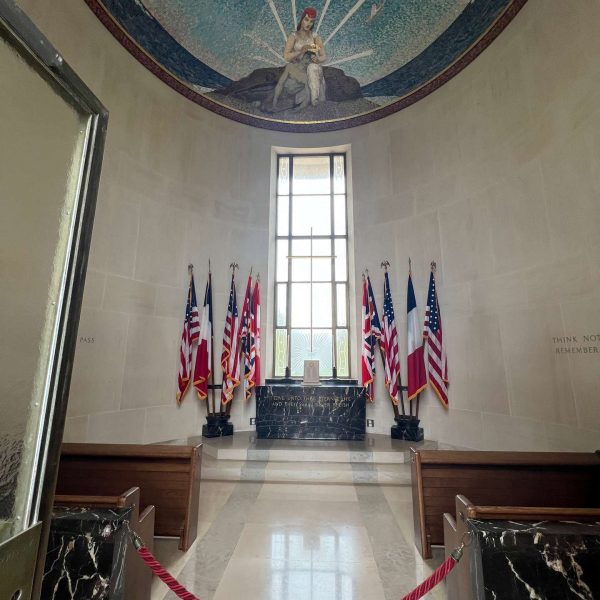 Flags at chapel altar in American cemetery in Normandy, France. Is there any such thing as a good beach in Normandy?