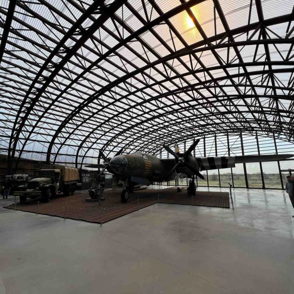 Hangar and plane exhibit in Utah Landing Museum in Normandy, France. The best steak & omelette in the world in the same day