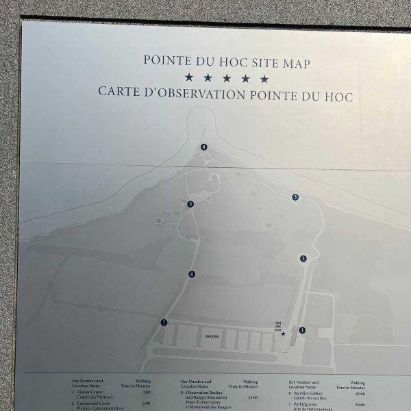 Site map on the wall in Point Du Hoc in Normandy, France. The best steak & omelette in the world in the same day