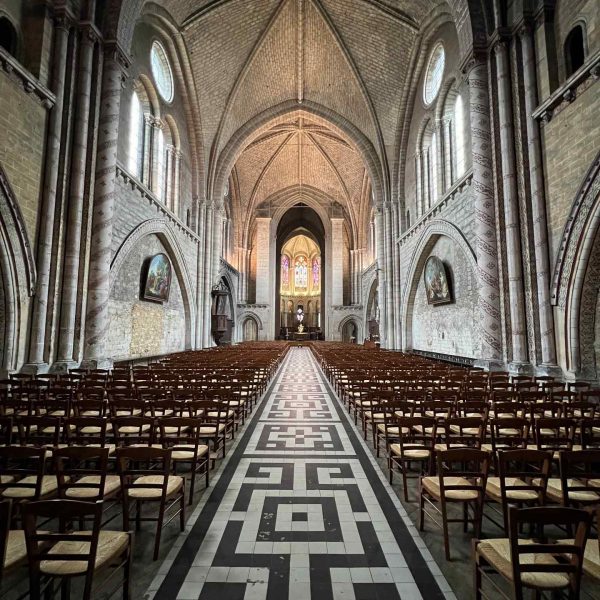 Seats inside cathedral in Le Mans, France. Is this the best island in the world?