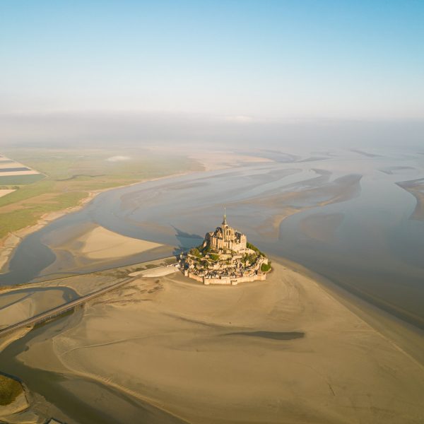 Aerial view of Mont Saint Michel Abbey in Normandy, France. The best steak & omelette in the world in the same day