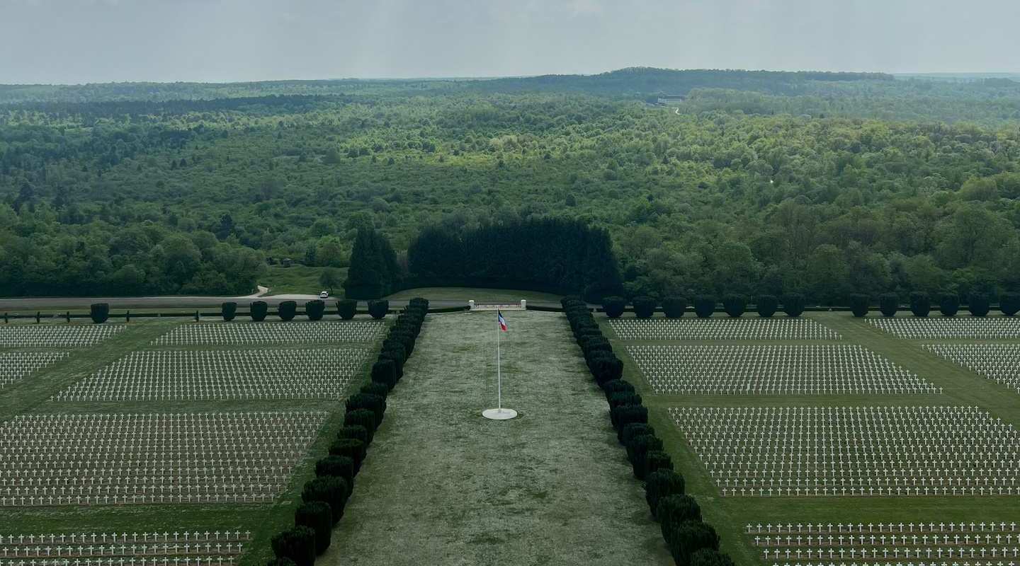 Aerial view of Douaumont Memorial Cemetery in Douaumont Ossuary, France. Verdun, Riems & Champagne