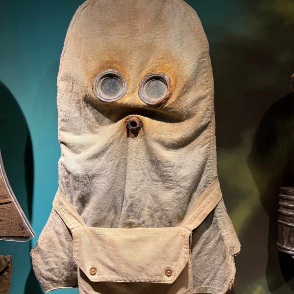 Vintage gas mask exhibit in Passchendaele Museum, Belgium. The worst hotel owner in Europe