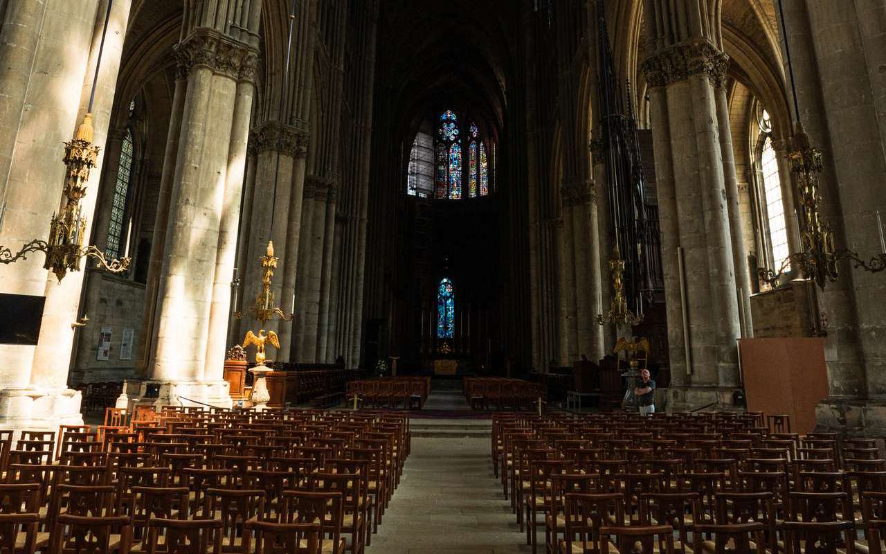 Altar and chairs inside cathedral in Riems, France. Verdun, Riems & Champagne