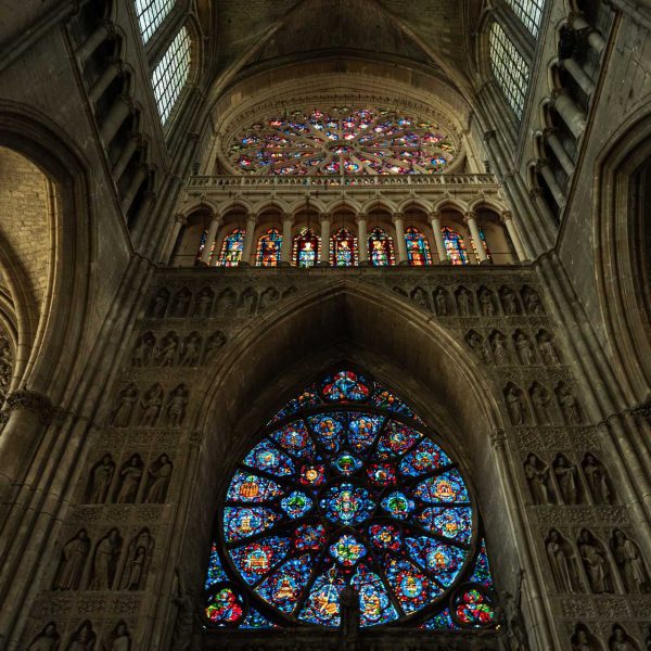 Stained glass windows inside cathedral in Riems, France. Verdun, Riems & Champagne