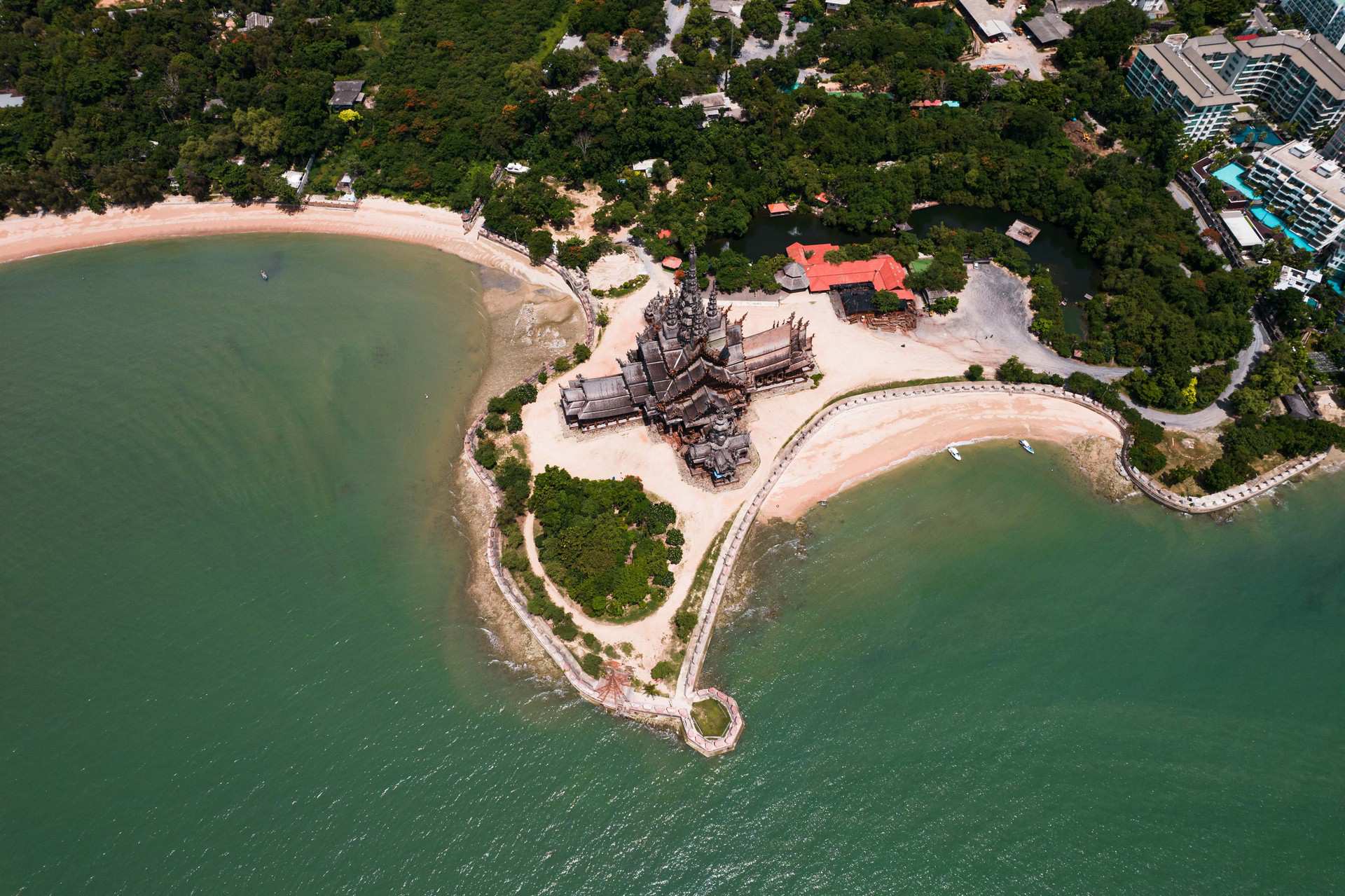 Aerial view of the Sanctuary of Truth in Pattaya, Thailand. A Mcdonalds feast and the Sanctuary of Truth
