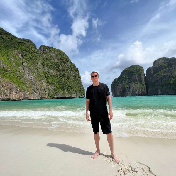 David Simpson at Maya Bay beach in Thailand. Boat ride from hell, island hopping from heaven
