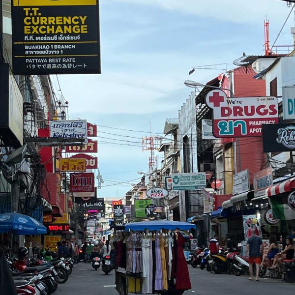 Street in Pattaya, Thailand. A Mcdonalds feast and the Sanctuary of Truth