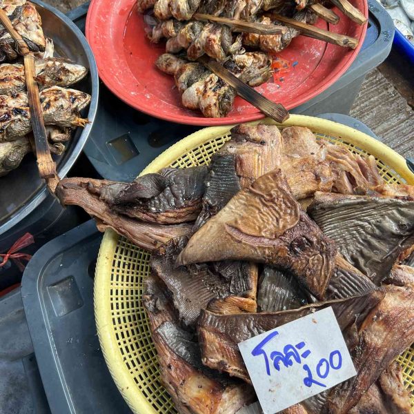 Dried fish for sale at Maeklong train market in Thailand. Shotguns, markets and temples in Bangkok