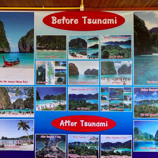 Before and after tsuname poster at Koh Phi Phi in Thailand. Boat ride from hell, island hopping from heaven