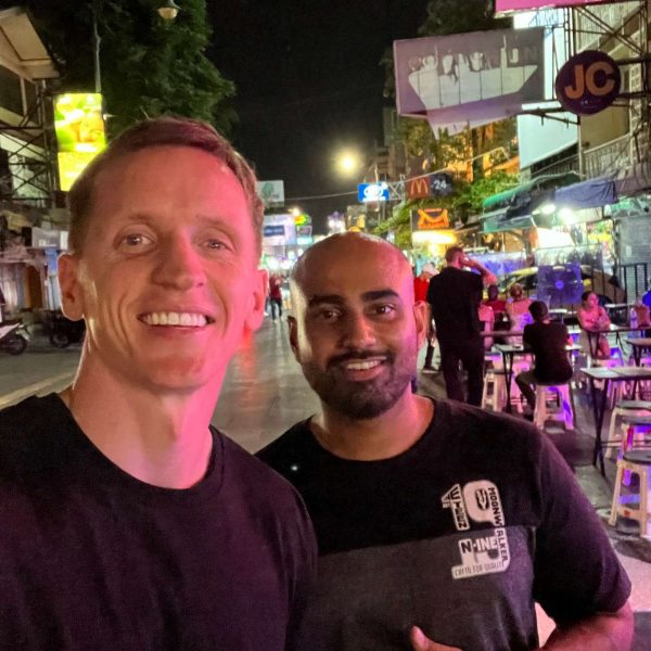 David Simpson and a friend at Khaosan Road in Thailand. Grand Palaces, ear orgasms and Khaosan Road