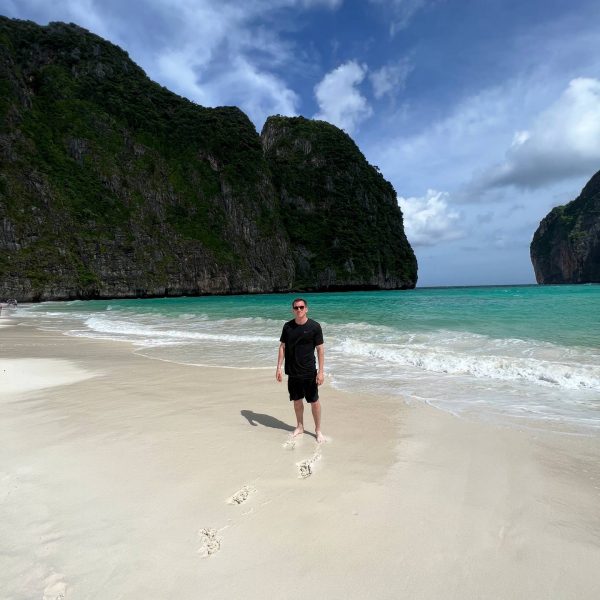 David Simpson at Maya Bay beach in Thailand. Boat ride from hell, island hopping from heaven