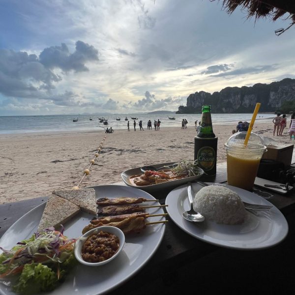 Food at the beach in Railay Beach Resort, Thailand. Arriving at Railay Beach and leaving my flip flops