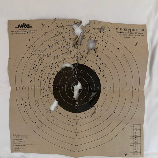 Paper bullseye target full of bullet holes at shooting range in Thailand. Shotguns, markets and temples in Bangkok