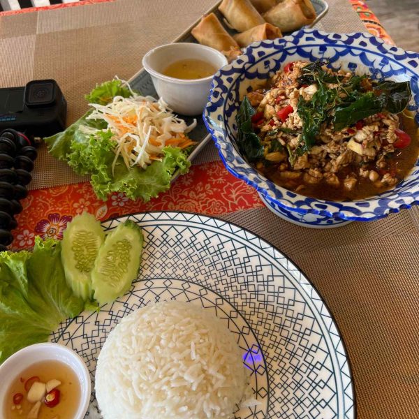 Rice and other dishes in Ao Nang, Thailand. Railay Viewpoint, Tiger Temple & the best Tom Yum in Thailand