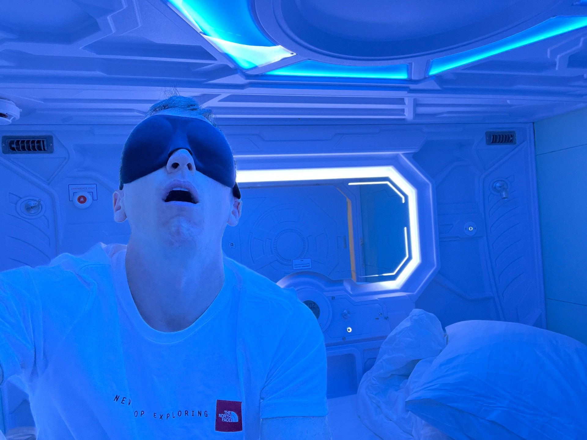 David Simpson inside the capsule at Capsule Hotel in Bangkok, Thailand. The day to end all days in Bangkok
