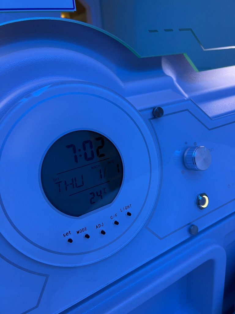 Digital clock inside the capsule at Capsule Hotel in Bangkok, Thailand. The day to end all days in Bangkok