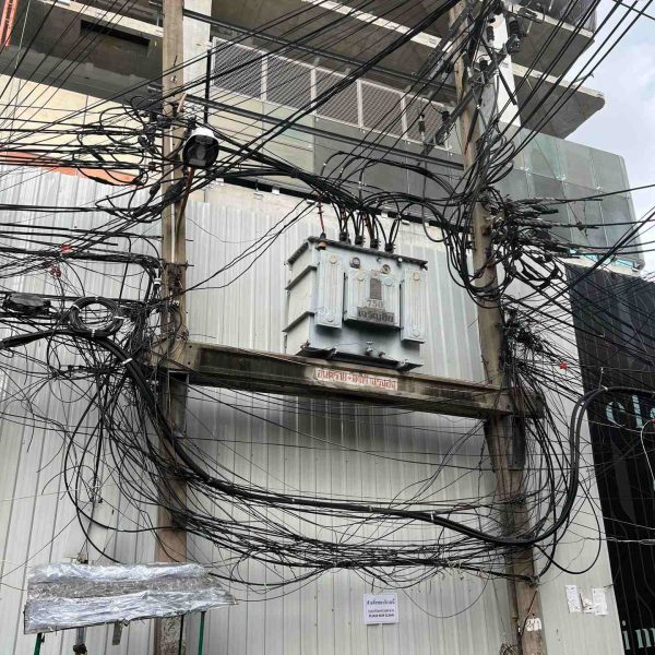 Powerlines on the street in Bangkok, Thailand. Insects a la carte & a broken bus