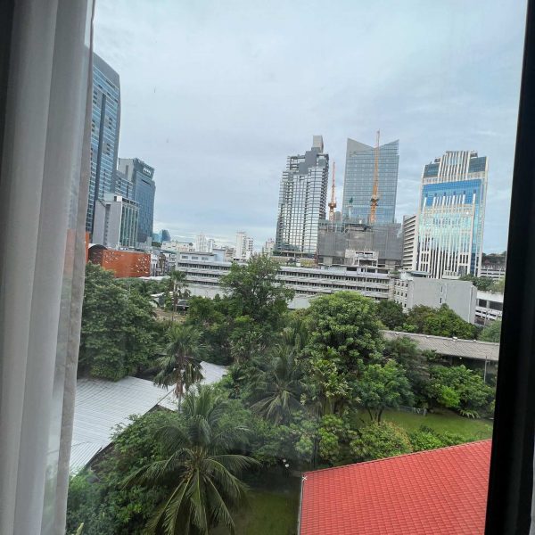Hotel window view in Bangkok, Thailand. Insects a la carte & a broken bus