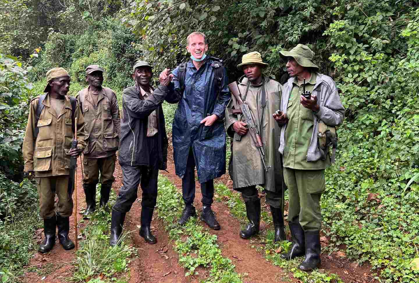 David Simpson and rangers in Kahuzi Biega National Park, Bukavu, DRC. Gorillas & sleeping with the general’s wife