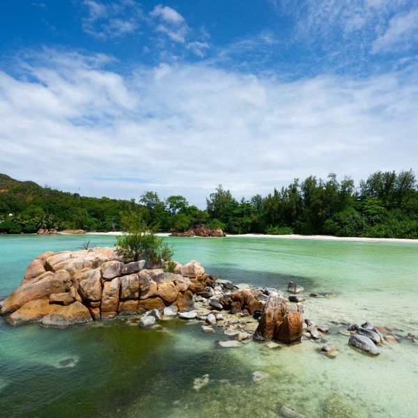Boulders in the beach in Seychelles. The best beach in the World & rip drone