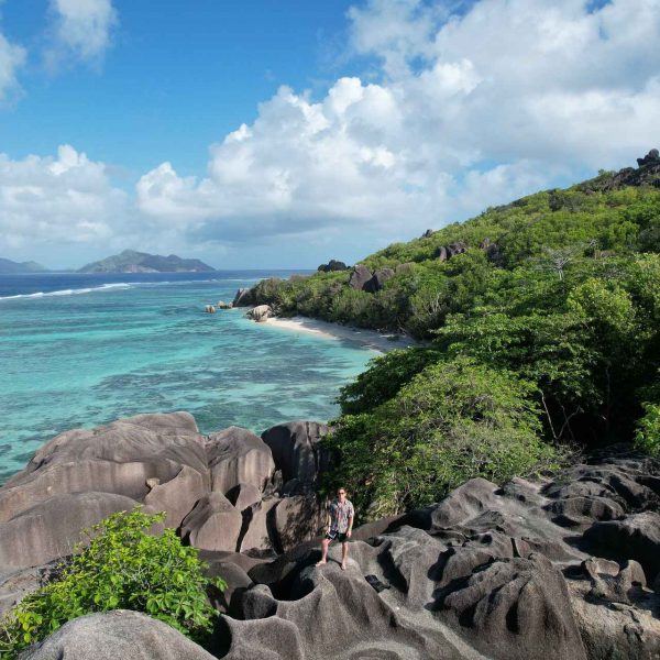 Aerial view of boulders and trees at beach in Anse Source D_Argent, Seychelles. The best beach in the World & rip drone