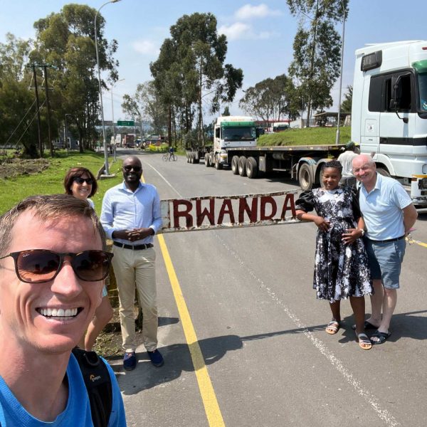 David Simpson, mom, dad and local guy and girl on the way to Des Mille Collines Hotel in Uganda. Sh*t scared at the Gorilla habituation experience