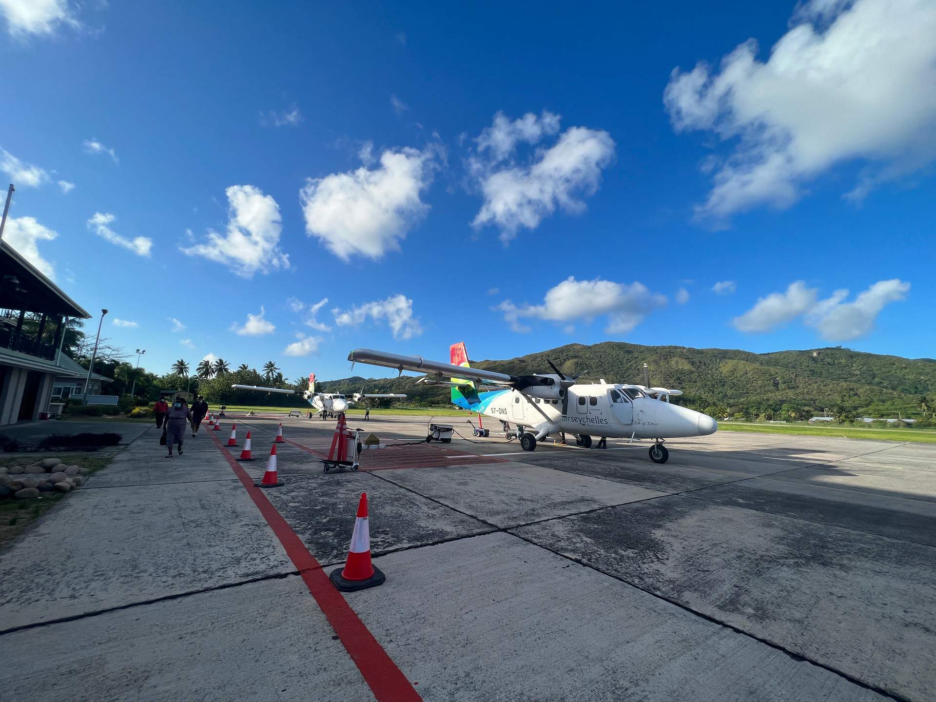 Plane at airport in Seychelles. Seychelles, Vallée De Mai and Anse Lazio