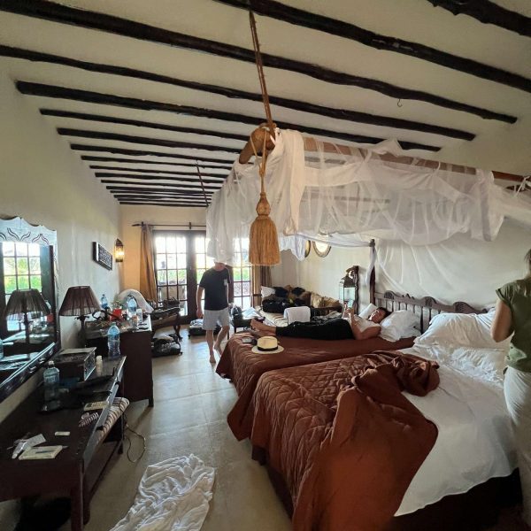 Bedroom accommodations at Breezes resort in Zanzibar, Tanzania. Arriving into Zanzibar